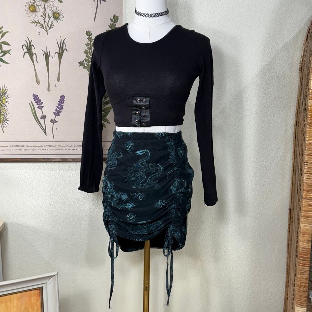 Vtg 90s Y2k Dragon Floral Mesh Tie Scrunch Mini Skirt Fairy Grunge Emo Goth M